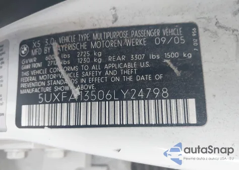 2006 BMW X5 3.0I из США, поврежденный, VIN 5UXFA13506LY24798